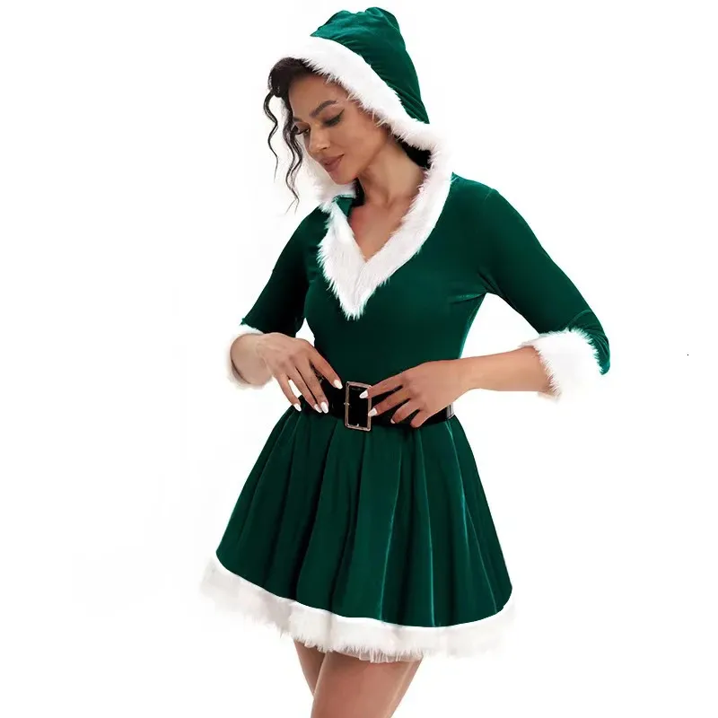 Mini Dress Santa Bodycon Dress Santa Elf Holiday Costume Dress Set  Red  Green Velvet Bodycon