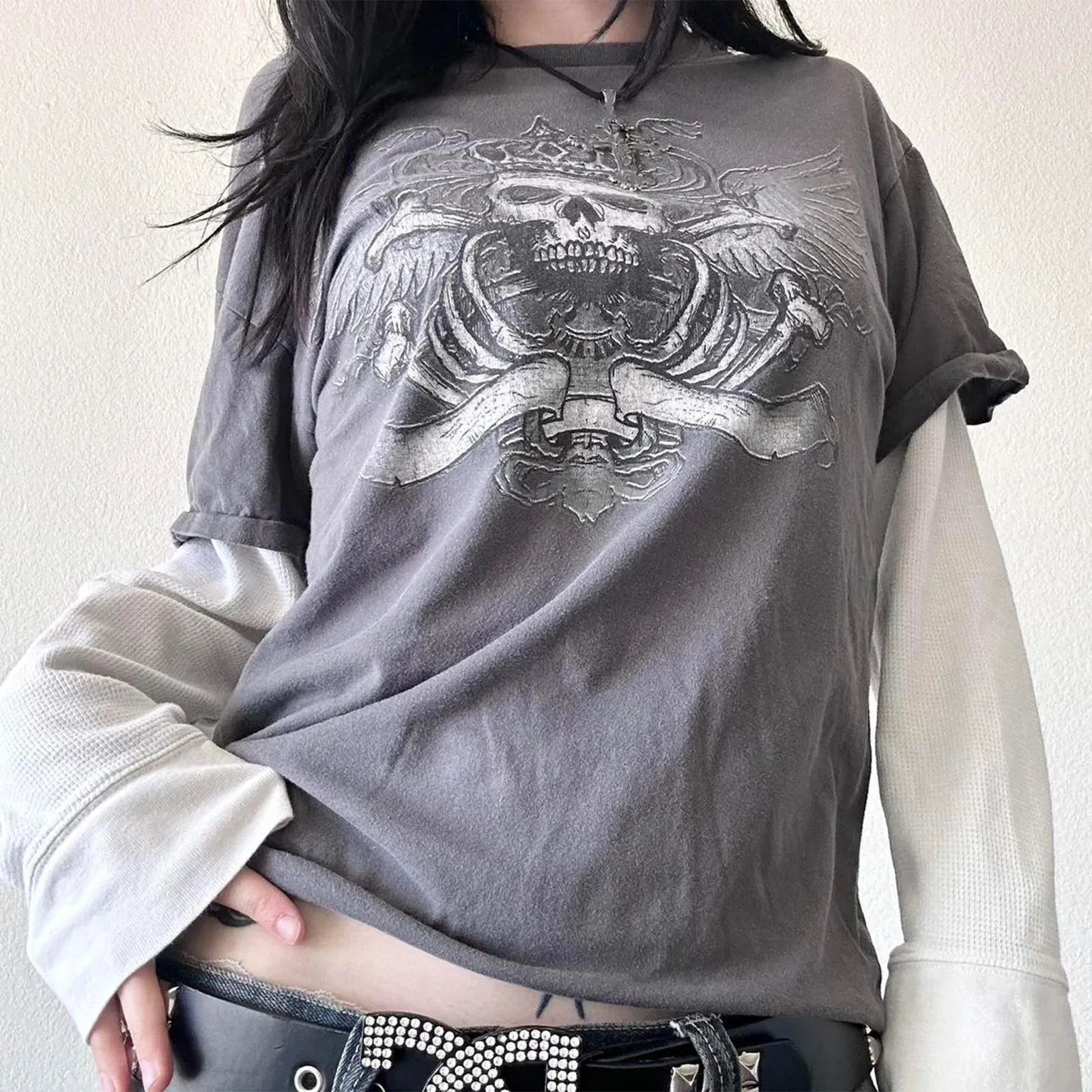 Maglietta Donna Y2K Fairy Grunge – Stampa Teschio E Stelle, Maniche Corte, Vestibilità Ampia, Stile Emo Vintage