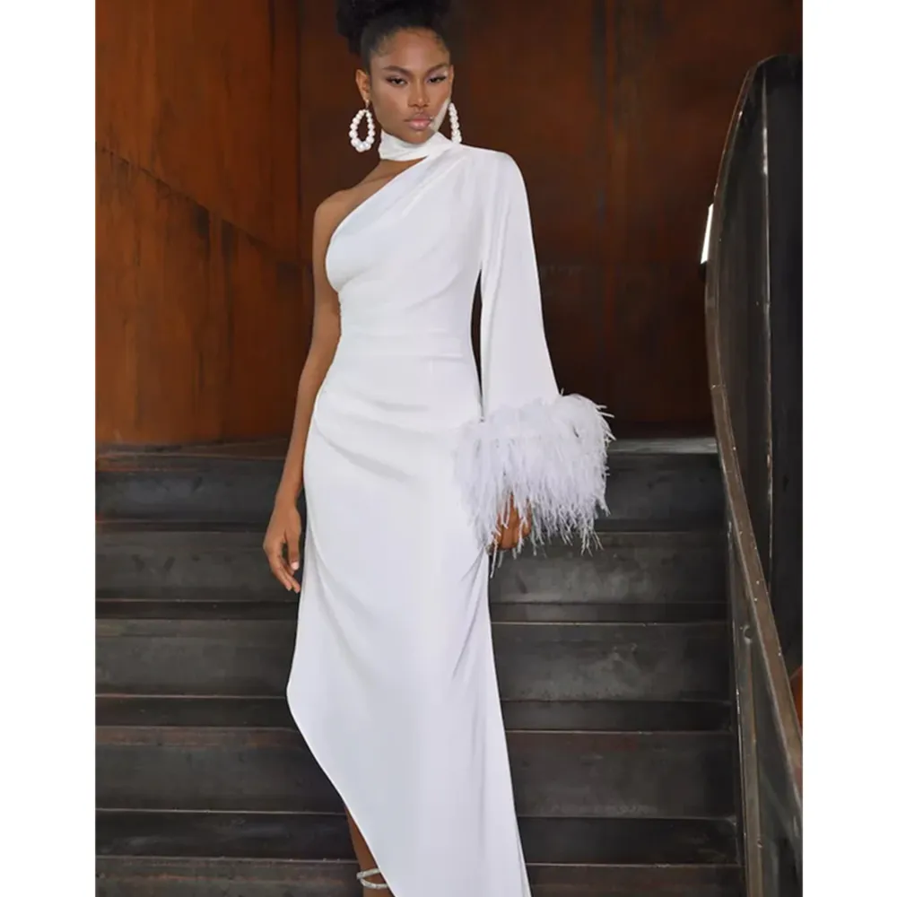 White Feather One Shoulder sheath wedding dress sleeves with Side Slit and Ankle Length for Women - Perfect for Celebrity Events and Weddings