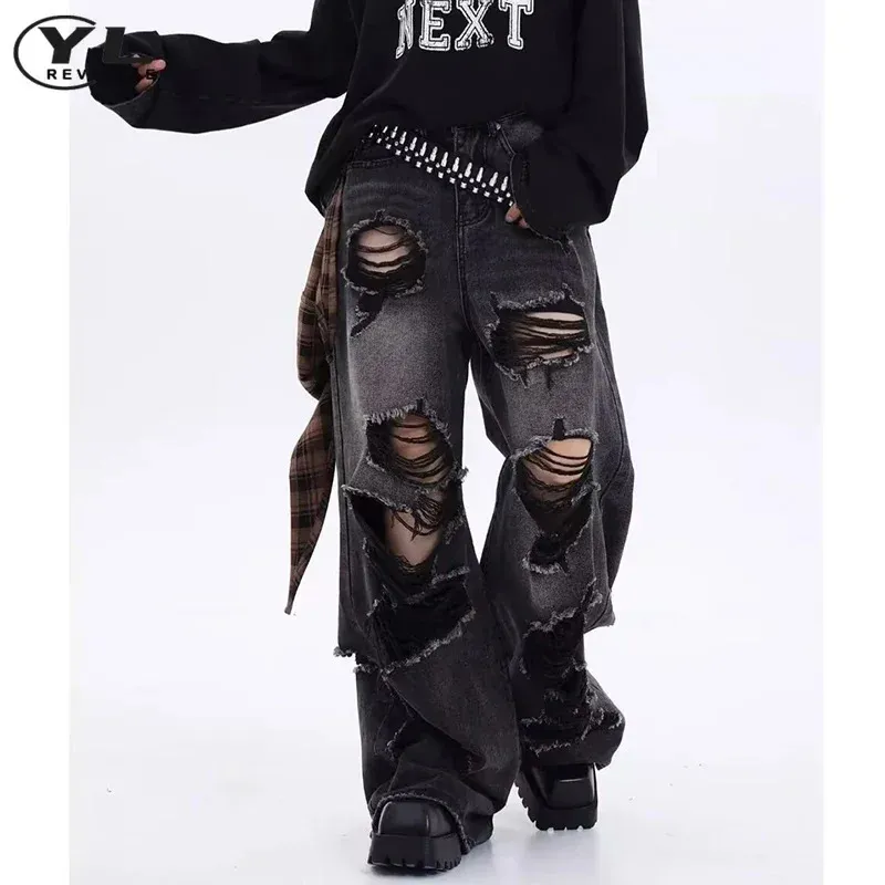 Baggy Black Distressed Denim Jeans With High Waist & From Bai04