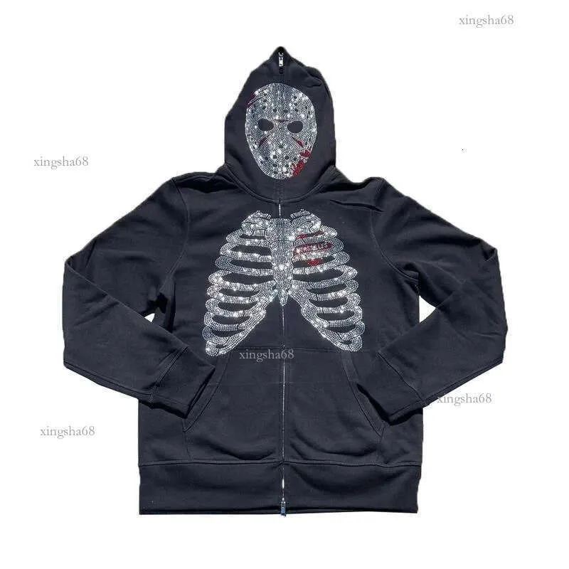 Mens Full Zip Hoodie Sweatshirt Gothic Rhinestone From