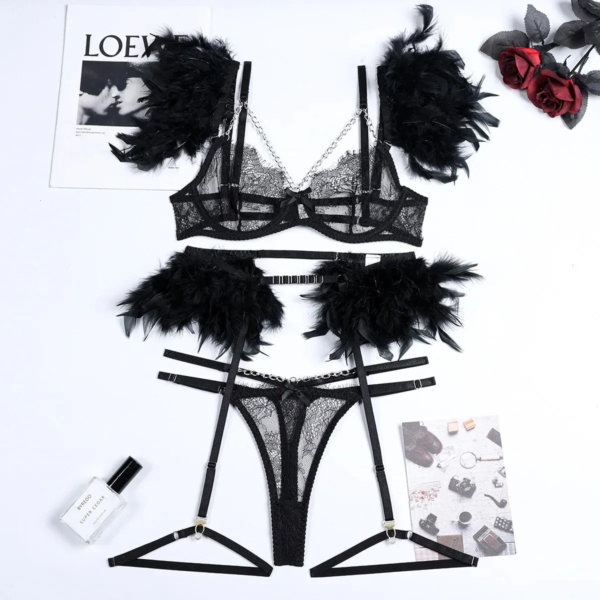 Women Sexy Exotic Set Feather Lace Lingerie Bra Set... From Gou05, $11.59
