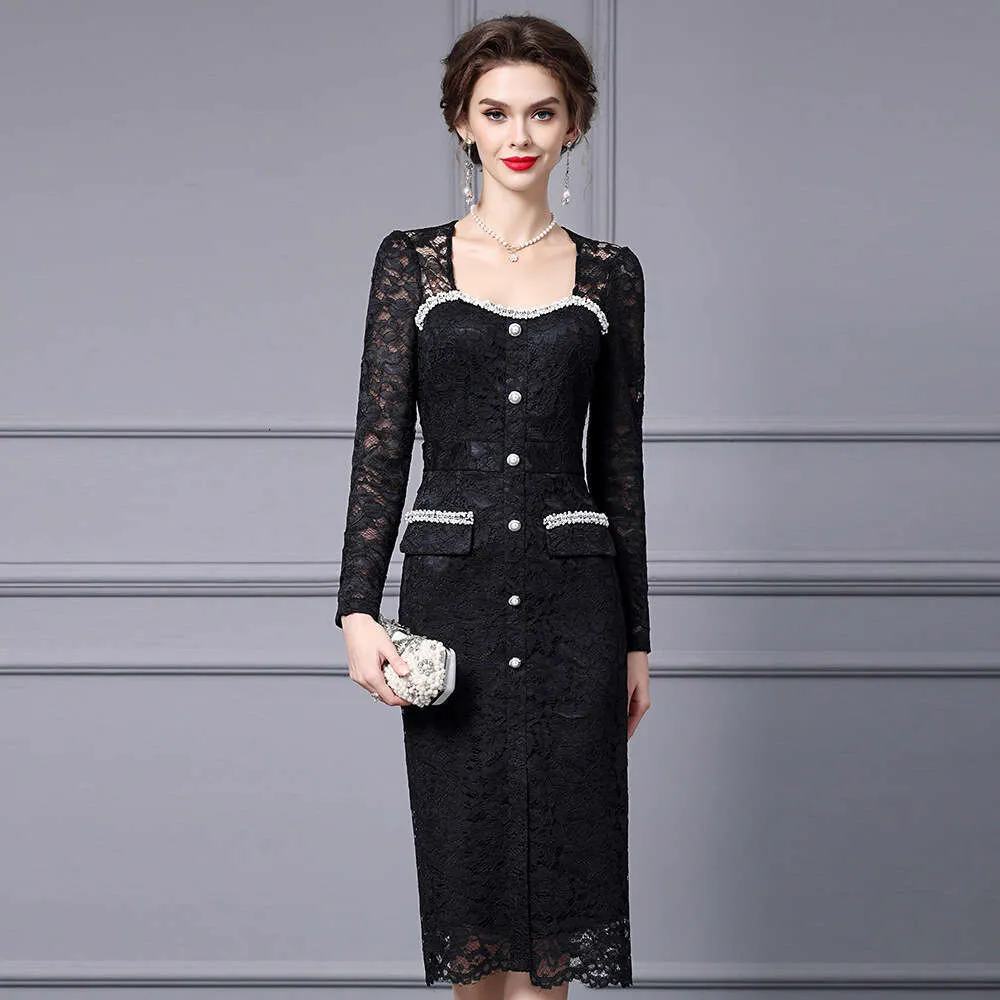 Black Lace Long Sleeve Sheath Dress With Pearl Trimmed Buttons  Formal  Evening Wear For Autumn Events From Clothing959421, $112.03 In Bulk |  DHgate.Com