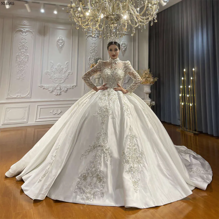 high neck satin wedding dress Long Sleeves High Neck Satin Lace Wedding Gown with Chapel Train