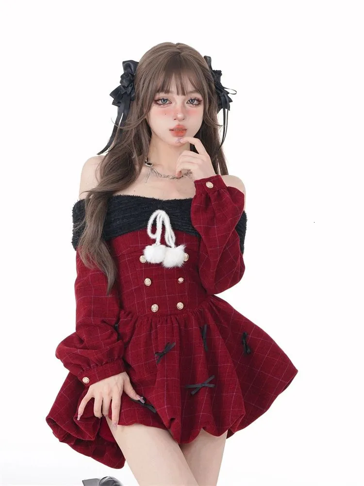 Kawaii Y2K Mini Dress - Elegant Red Winter Christmas party wear lancha Dress with Bow Detail for Women (Lolita Style)