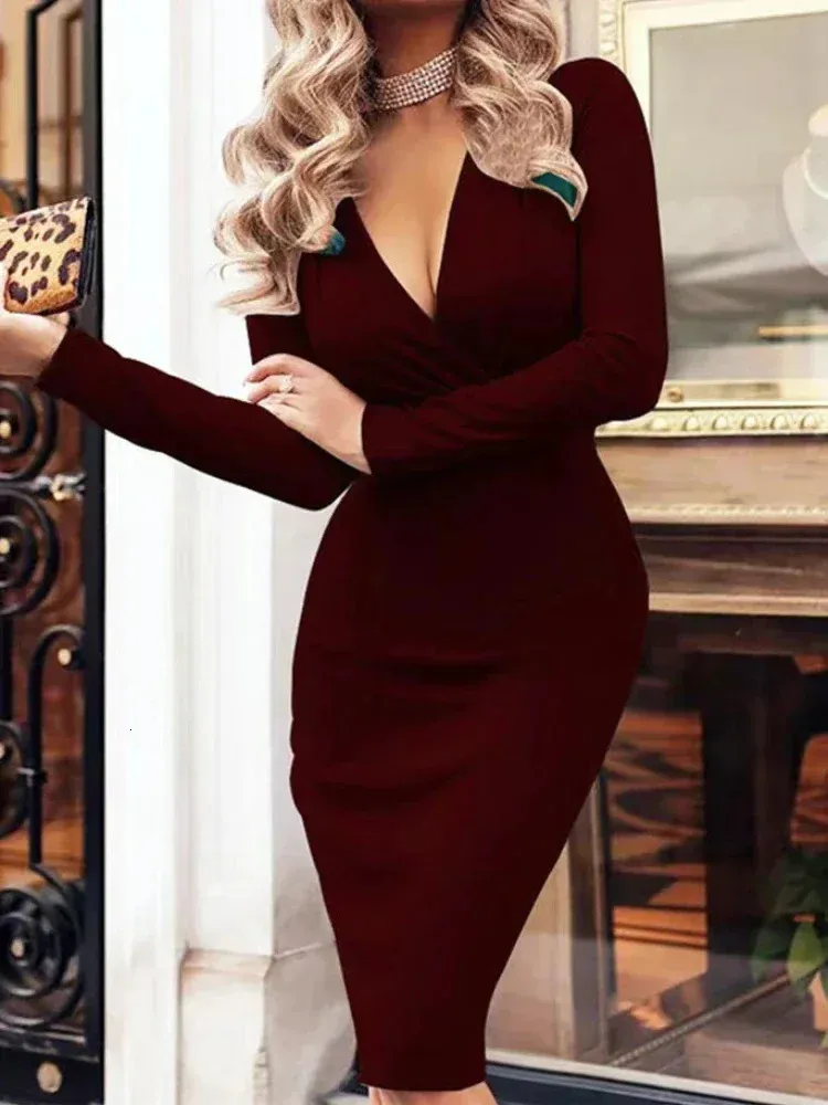 Womens Autumn Winter Elegant Deep V Neck Bodycon Dress Long