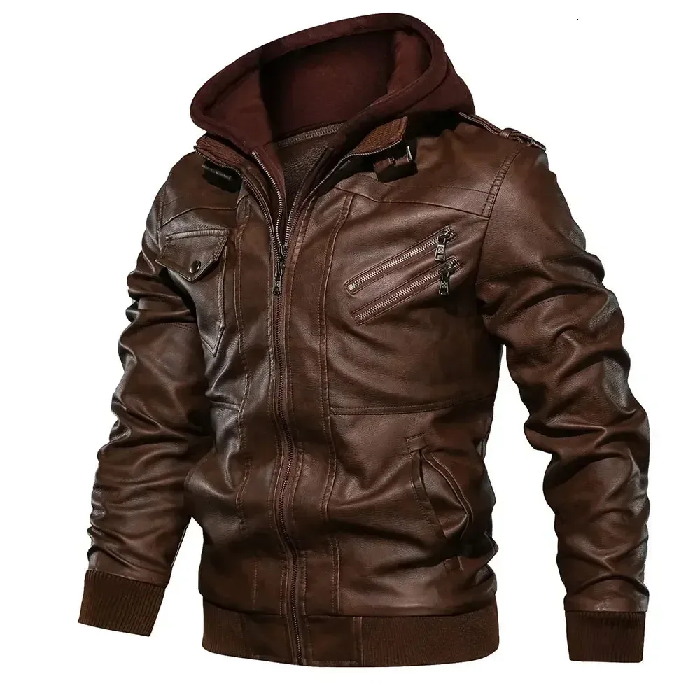 Mens Brown Faux Leather Motorcycle Jacket, Autumn Winter Oblique