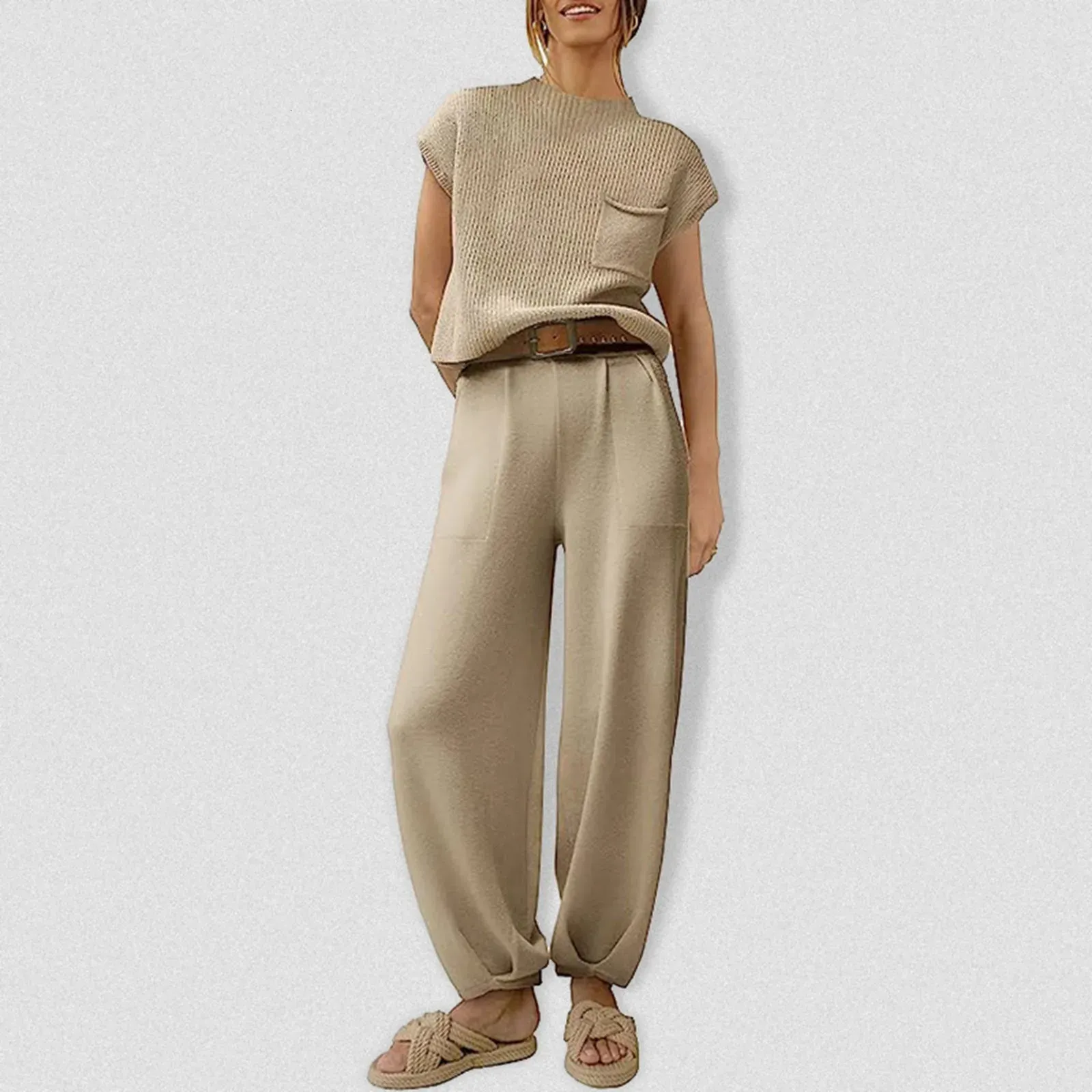 Pant And Sweater Set Womens Knit Short Sleeve Pullover Top With