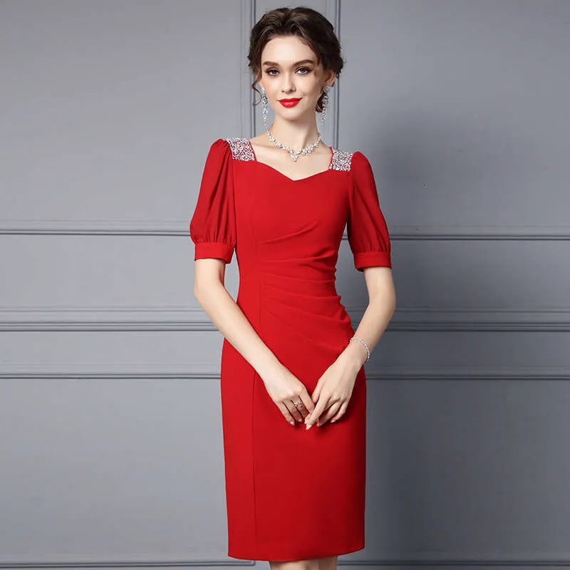 Women's Red Knee-Length Dress with Lace Trim and Bubble Sleeves