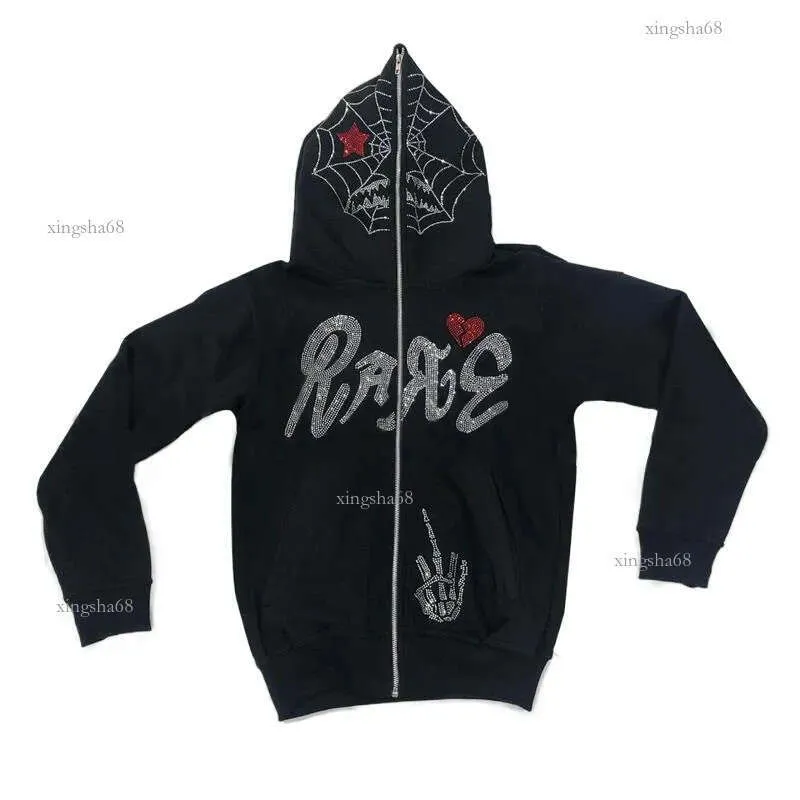 Mens Full Zip Hoodie Sweatshirt Gothic Rhinestone From