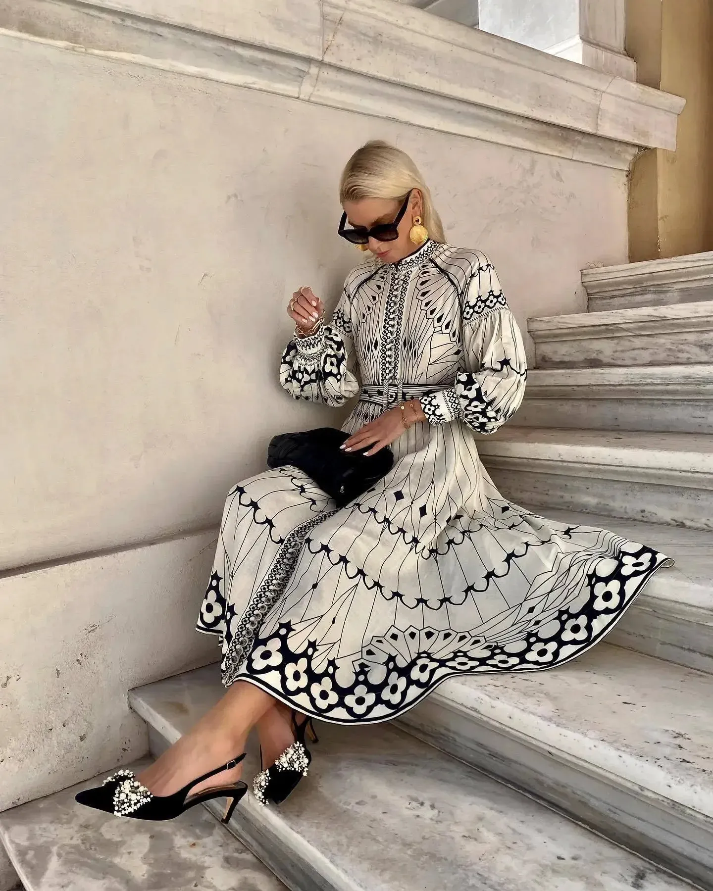 Ladies Elegant Printed Midi Dress with Belt Fashion Stand Collar Long Sleeve A-Line Dresses Spring Female Casual Street Vestidos 241014