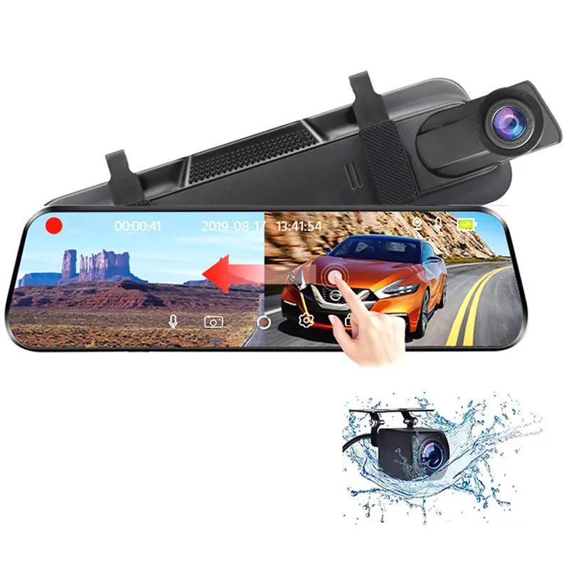 Car DVR Dash Cam And Rear View Camera: 10 Inch Touch Screen Mirror