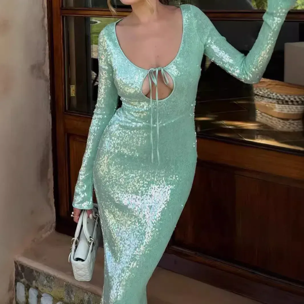 Elegant Olive Green Maxi Dress - Long Sleeve Sequined Formal Gown - Shop  Now! from Dhgate Basic & Casual Dresses - price 56.67