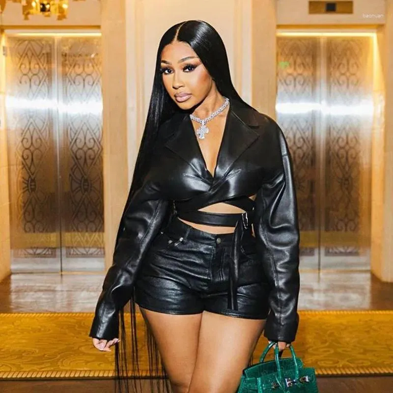 2024 Nightclub Women's PU Leather V-Neck Black Leather jacket women and Shorts Set - Sexy Two Piece Outfit for Tracksuit