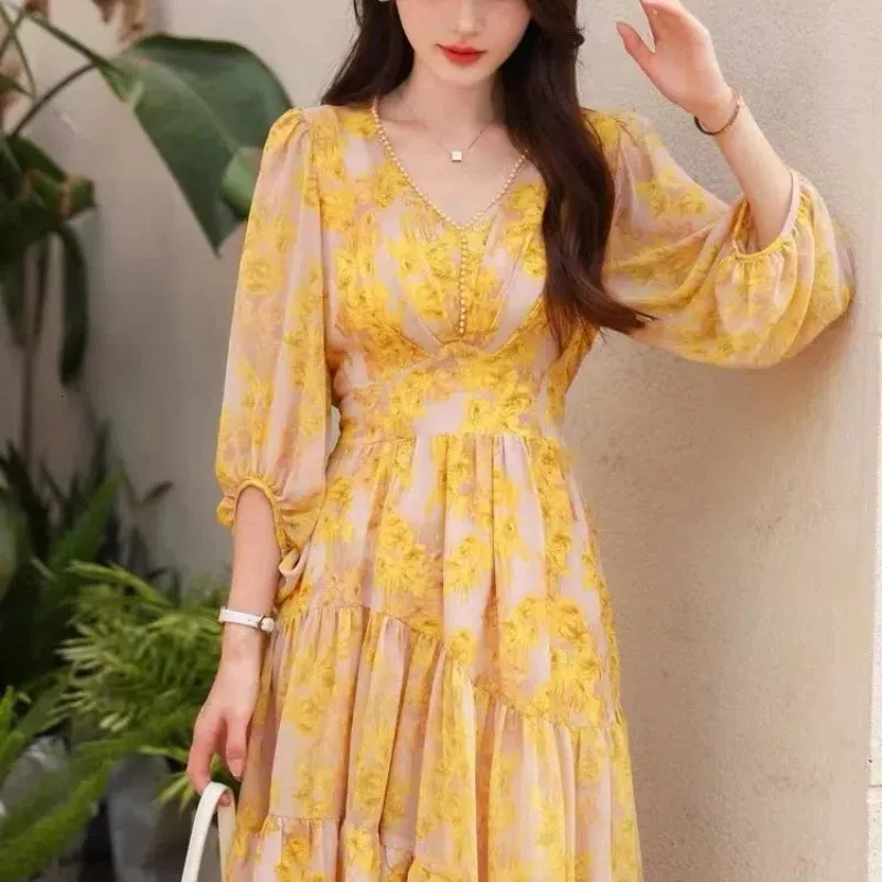 Casual Sleeve Bright Yellow Summer Dress High-End Celebrity Style Long  Sleeve V-Neck Yellow Midi