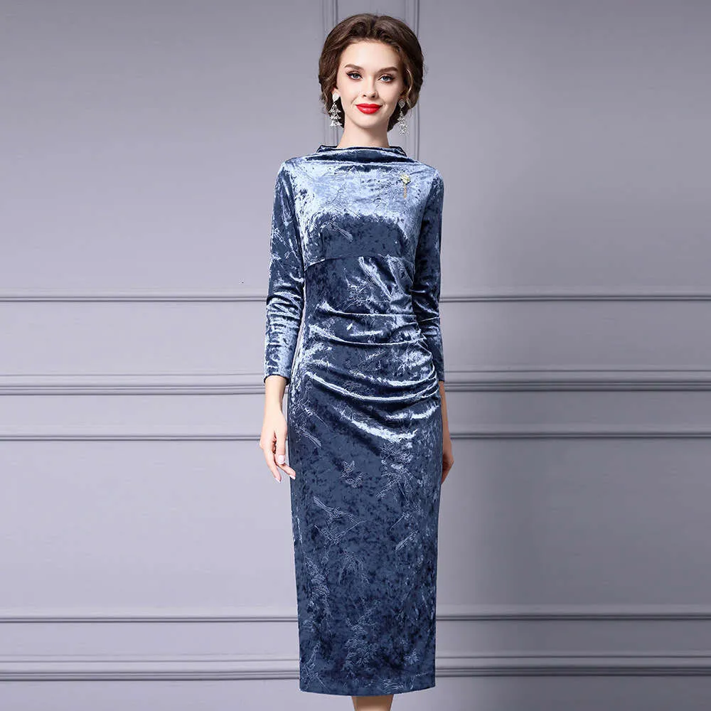 blue velvet maternity dress Fabulous Long Blue Long Sleeves Velvet Maternity Dress main image 0