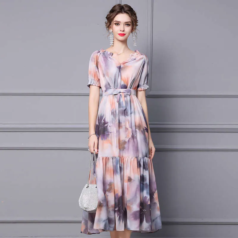 2024 Summer Printed Holiday A Line Midi Dress for Women - Short Sleeve, High Waist, Sunscreen, Dazzling Skirt, Perfect for Pregnant Women