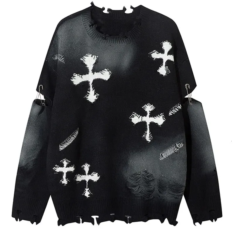 GONTHWID Distressed Knit Sweater With Cross Motif –... From Ren02 