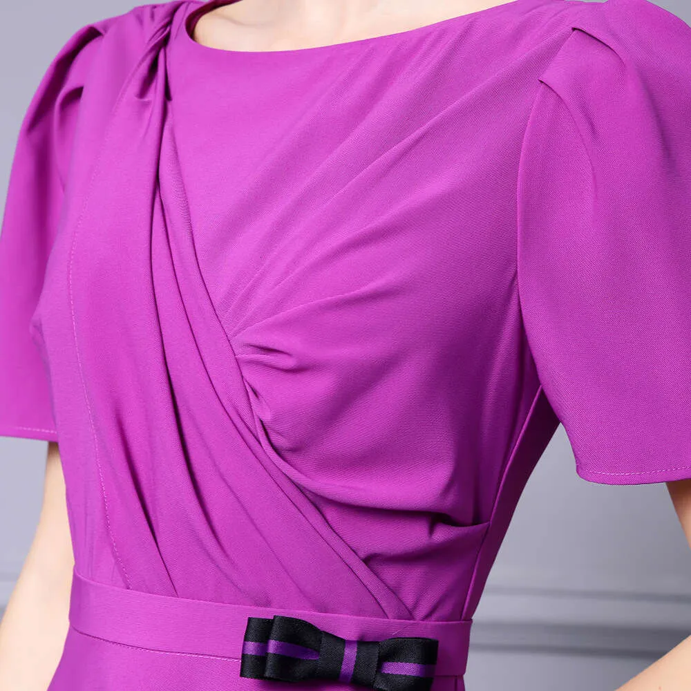 2024 Elegant Purple A-line Skirt midi dress with sleeves for Women - Slightly Overweight, Novelty High Waist 2024 Elegant Purple A-line Skirt midi dress with sleeves for Women - Slightly Overweight, Novelty High Waist
