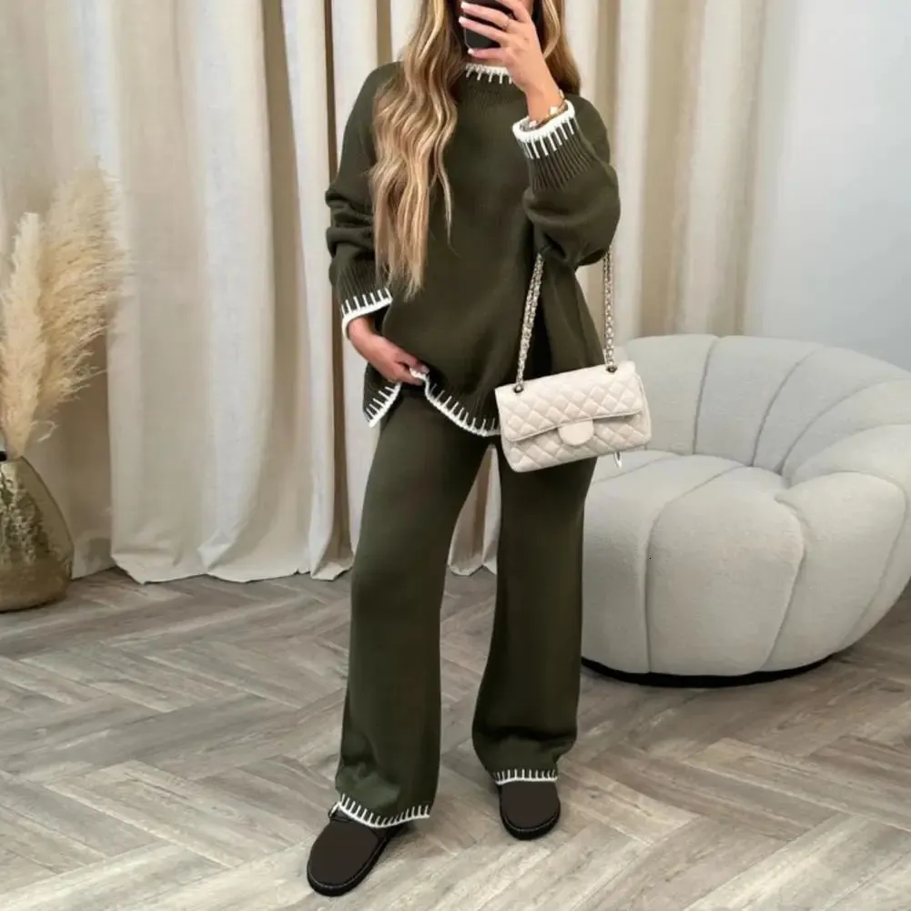 Ensemble Jogging Tricoté Femme 2 Pièces - Pull Et Pantalon Large Décontracté Pour Maison Et Sortie