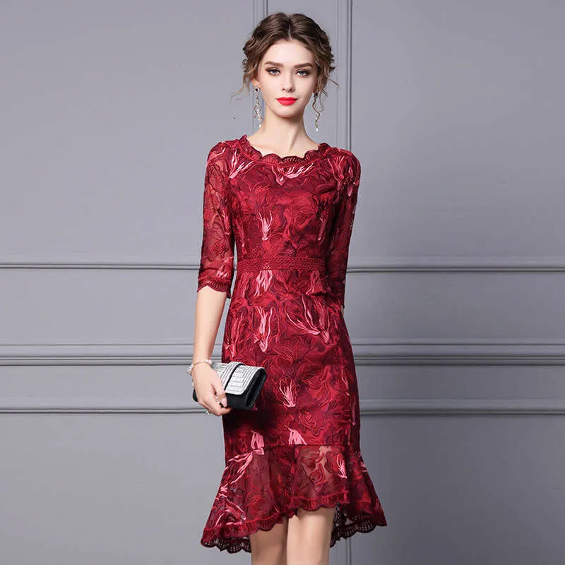 2024 Autumn Red Embroidered Fish Tail lace dress with sleeves for Women - , Versatile, and Stylish with Irregular Hemline and Floral