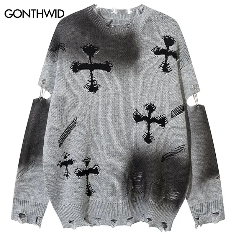 GONTHWID Distressed Knit Sweater With Cross Motif –... From Ren02 