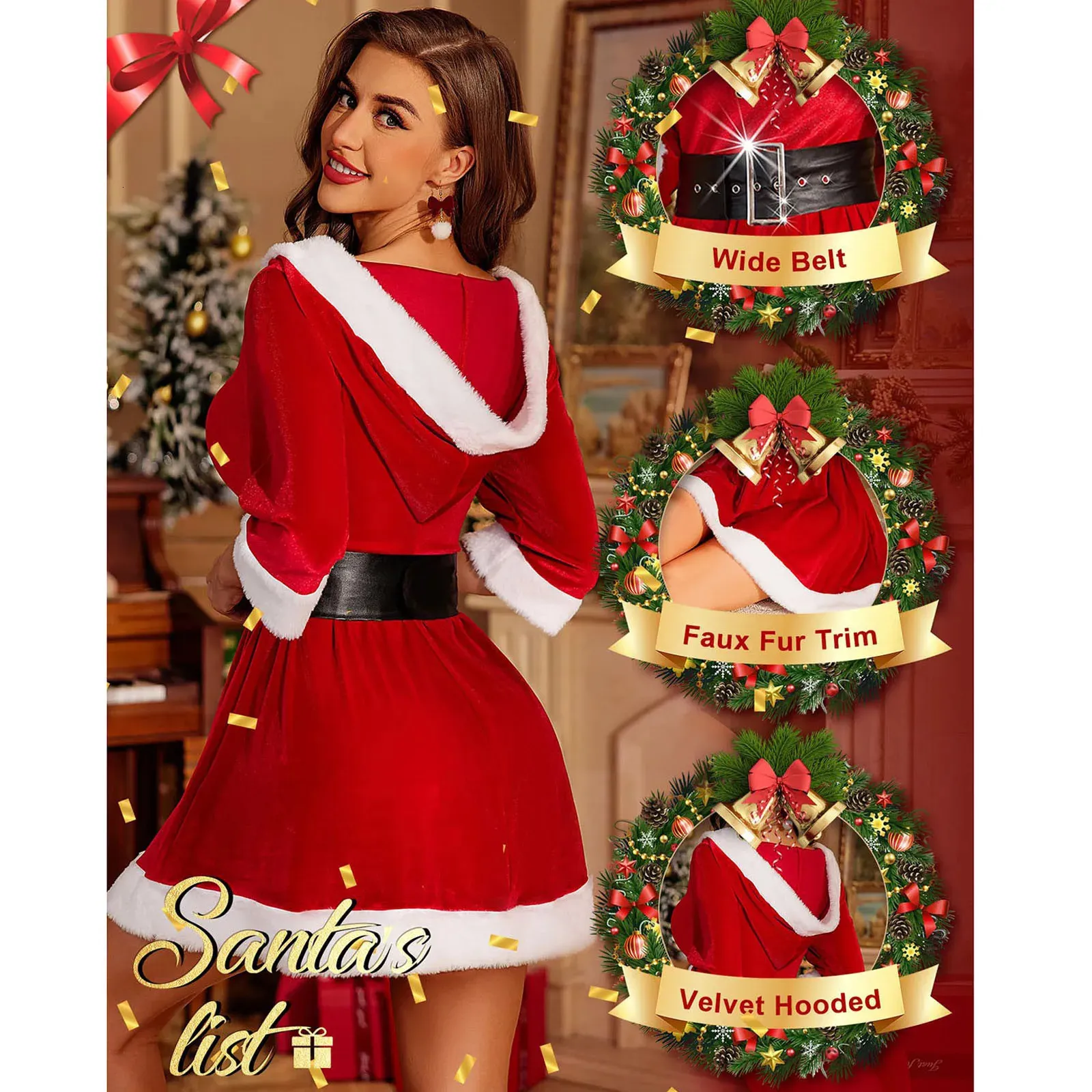 Sexy Red Velvet Christmas Christmas Dress Women for Women - V-Neck, Half Sleeves, Short Skirt, High Waist, Perfect for Parties and Santa Claus - Style