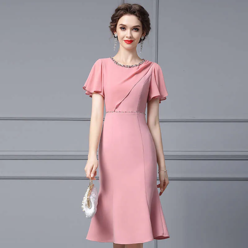 2024 New French Summer Dress for Women - Tall Pink Lotus Leaf Sleeve Nail Diamond Fish Tail Pencil Skirt Dress with Sexy Waistline and Novelty Denim