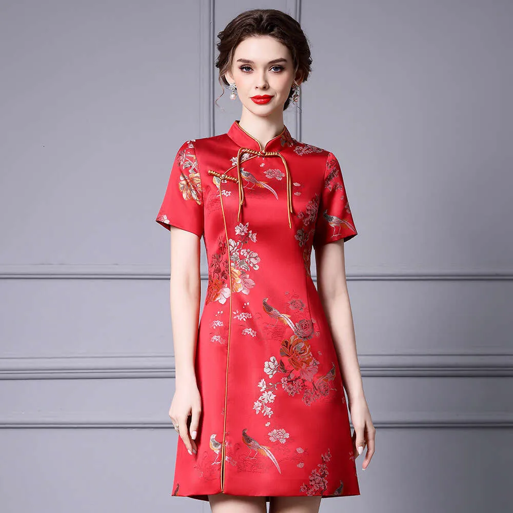 2024 Summer Red Jacquard A-line cheongsam dress with Bifurcated Skirt and Short Sleeves - Chinese Jacquart for Loose Temperament and Denim Style