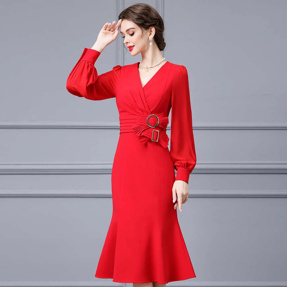 Autumn Red Fish Tail Lace Red occasion dress - Slim Fit, Elegant & Socialite, Self-Cultivating