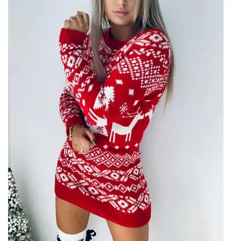 Winter Women's Knitted Sweater Dress with Christmas Pattern