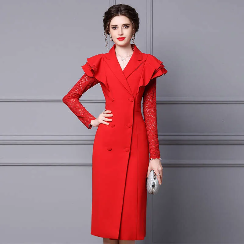 Western Style Red Ruffle Sleeves Denim Red midi dress for Formal Occasions and Parties - Autumn/Winter 2024 Collection