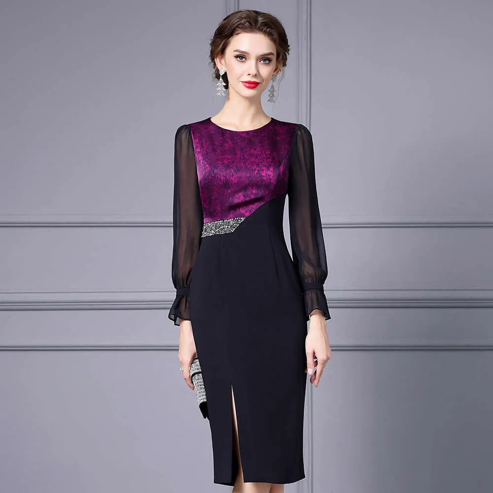 2024 Autumn Fashion Nail Diamond Slimming Front Fork Light Long Sleeve Party Dress for Women - Elegant Denim Long Sleeve Party Dress with Sexy