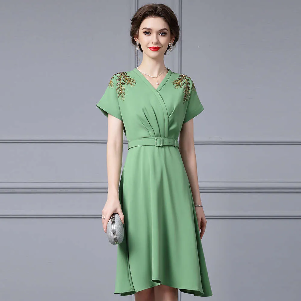 Green and White Handmade Nail Bead V-Neck sage Green dress - Summer Gown for Pregnant Women