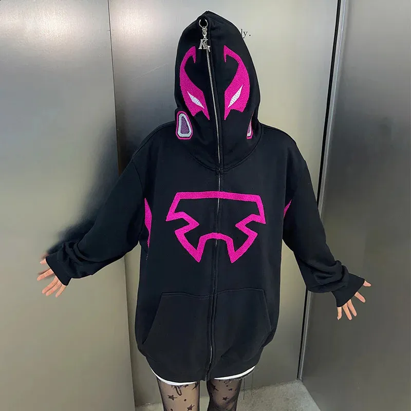 Y2K Gothic Punk Zip Up Hoodie With Pink Graphic – From Hui02