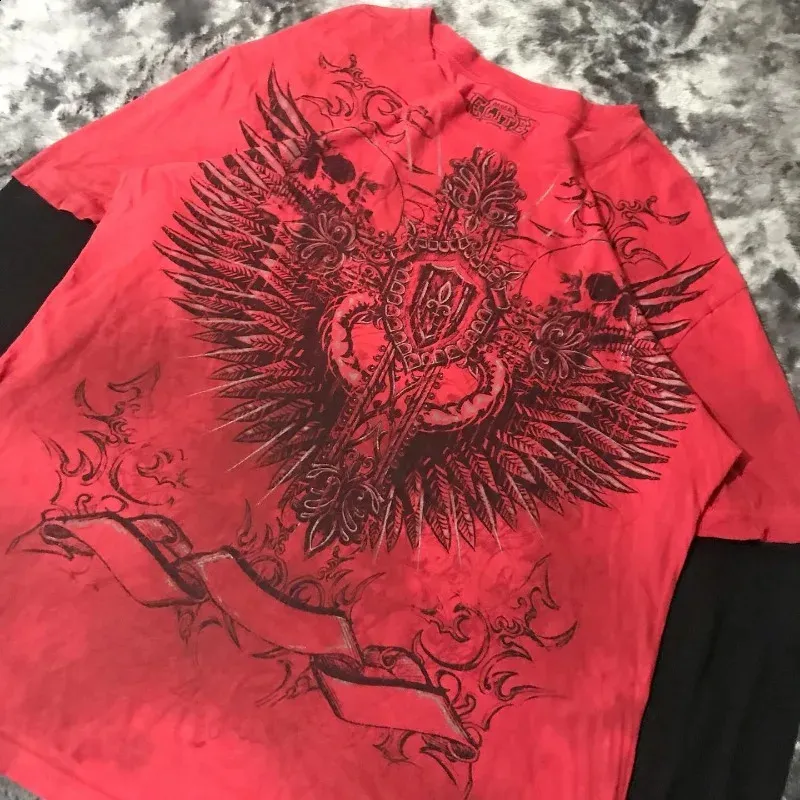 Red Skull Graphic Long Sleeve Tee: Y2K Streetwear Style