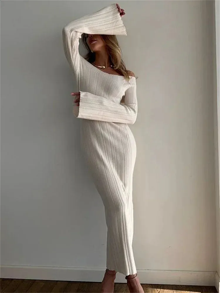 Off-Shoulder Knit White Ribbed maxi dress for Women - Slim, Elegant, and High-Waisted with Ribbed Detail and Backless - Loose Fit Knittedwear (Style Off-Shoulder Knit White Ribbed maxi dress for Women - Slim, Elegant, and High-Waisted with Ribbed Detail and Backless - Loose Fit Knittedwear (Style