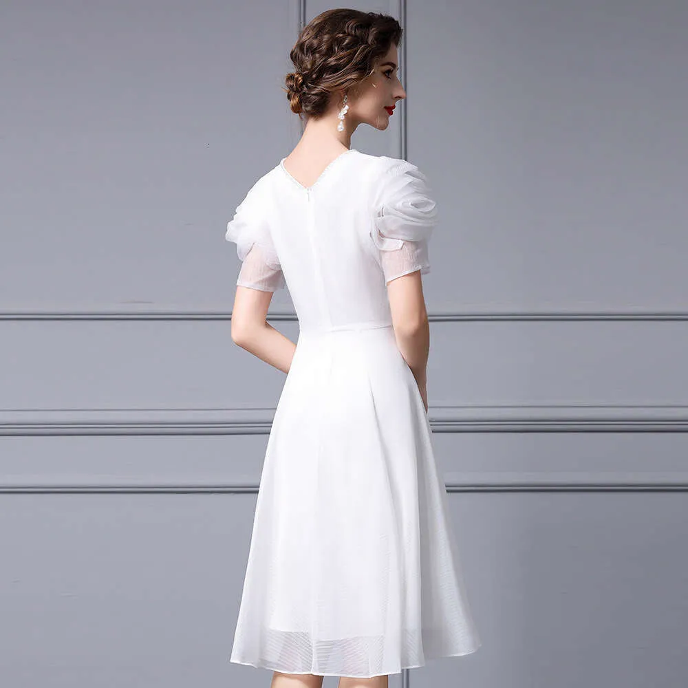 Elegant White Diamond Studded V-Neck White Dress with Sleeves with Spliced and High Waisted Short Sleeves - Summer 2024 Collection