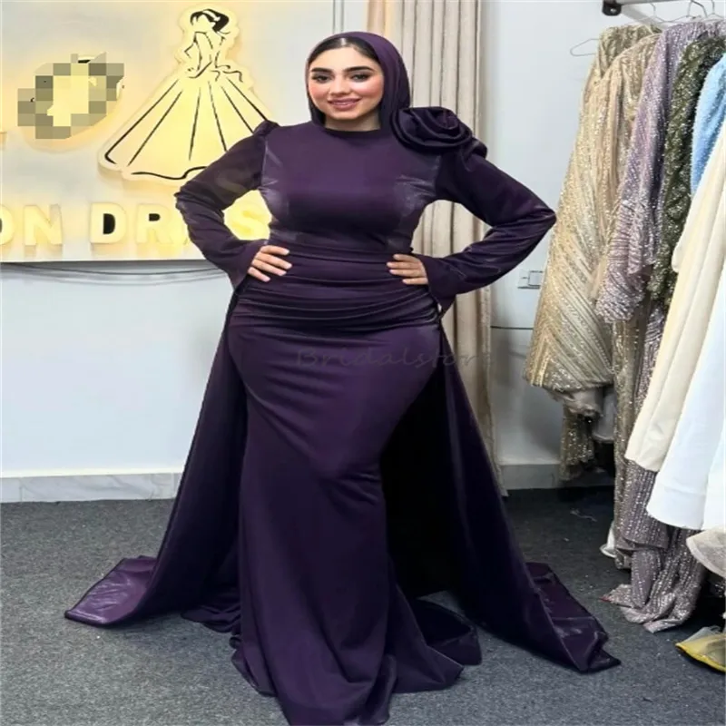 plus size muslim evening dresses Plus Size Mermaid purple prom dresses 2023 with Overskirt Train and Floral Long Sleeves