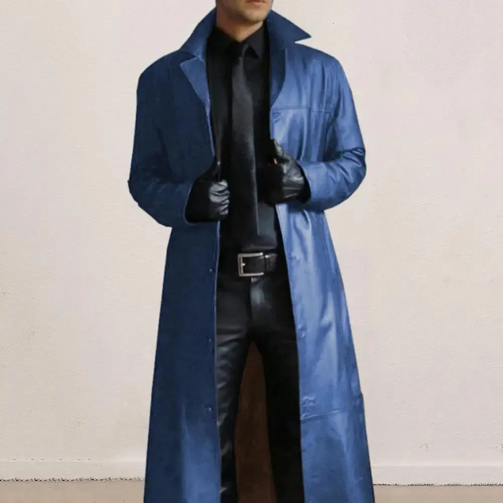Mens Gothic Jackets Style Long Faux Leather Trench Coat, Dark