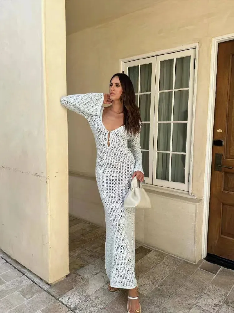 Women's Long Sleeve Beach Dress - Sexy Deep V Neck, Backless, Hollow Out  Design, Summer Holiday