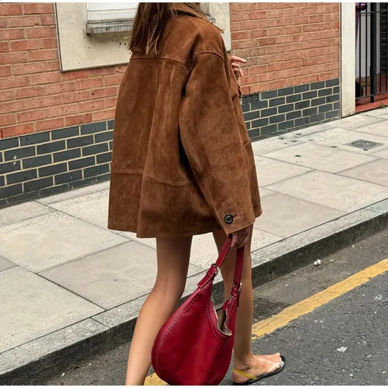 Giacca In Finta Pelle Scamosciata Donna – Marrone, Button Down, Taglio Oversize, Maniche Lunghe, Perfetta Per Primavera E Autunno