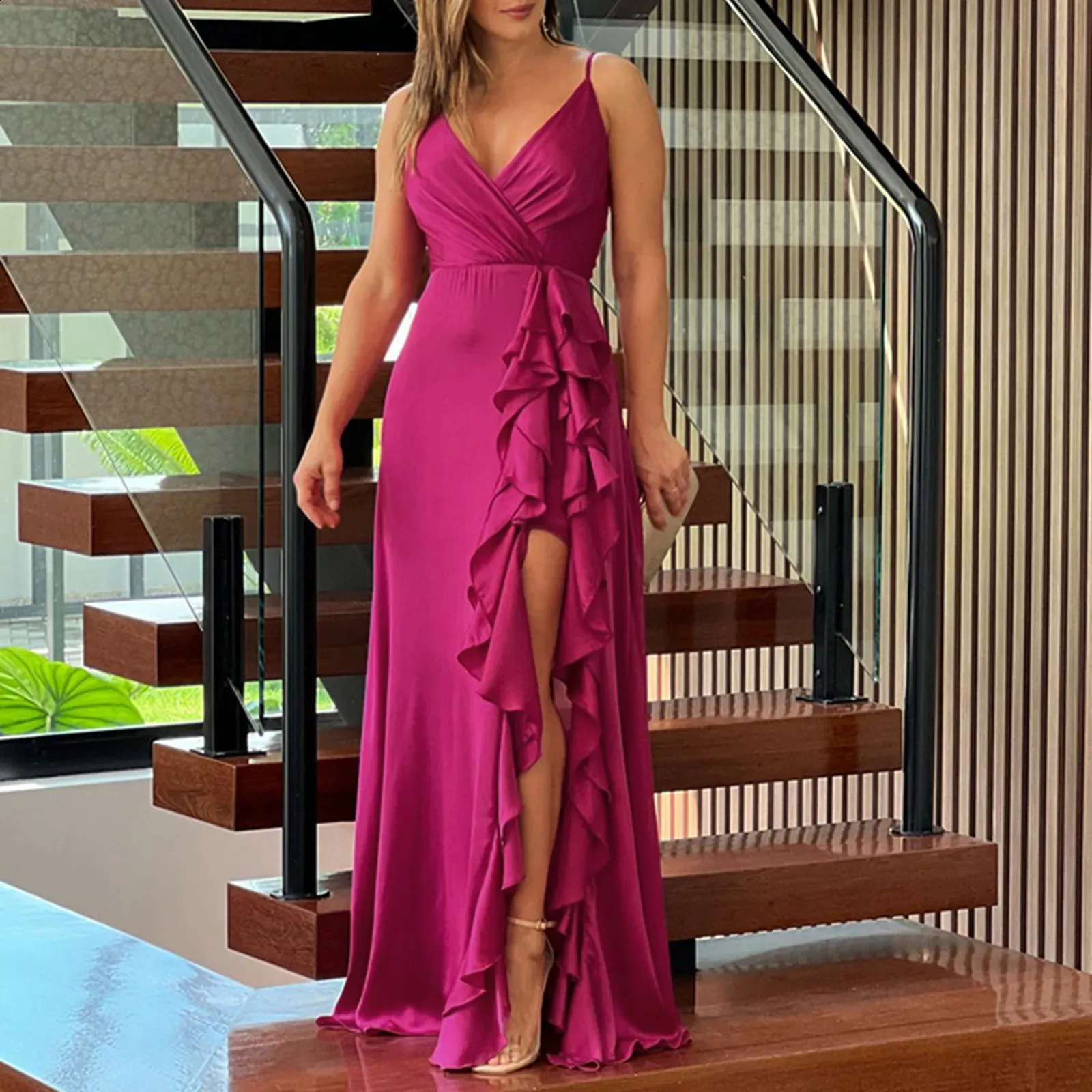 Sleeveless V-Neck blue multiway bridesmaid dress with High Waisted Pleated Hem and Irregular Sewing - Solid Color for Wedding Guests (Style 241015)