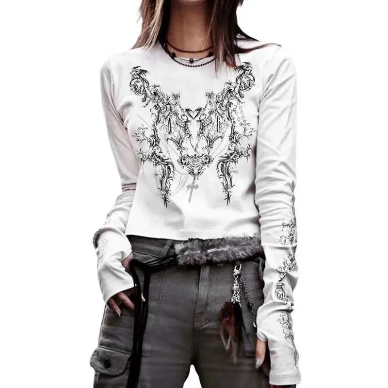 Gothic Print Long Sleeve T-Shirt グランジ Gothic Print Grunge T Shirt Women Long Sleeve Off Shoulder