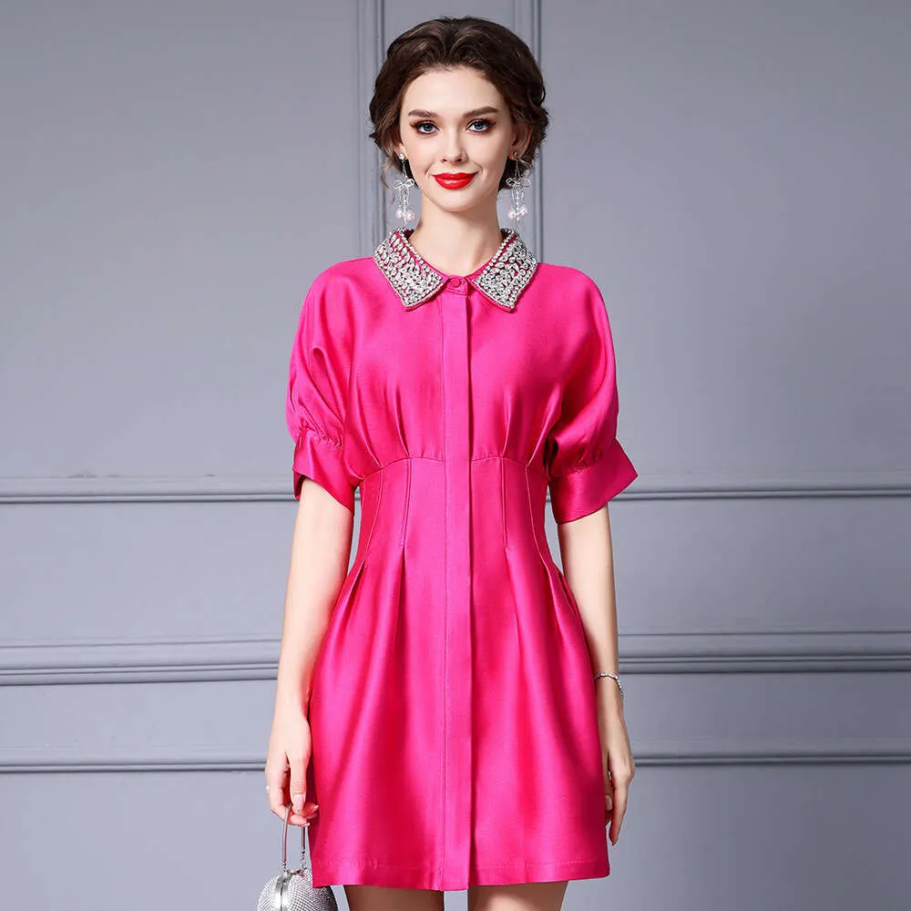 Red Nail Diamond Doll Collar Peter Pan Collar Dress - Exquisite Shoulder Sleeve A-Line Skirt for Women - Small Size - Perfect for Summer - High End