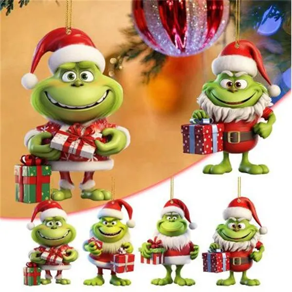 Grinch Xmas Decorations Acrylic Christmas Tree Ornament, Funny Green Hair Grinch Party Decoration Hanging Pendant for Holiday Decor