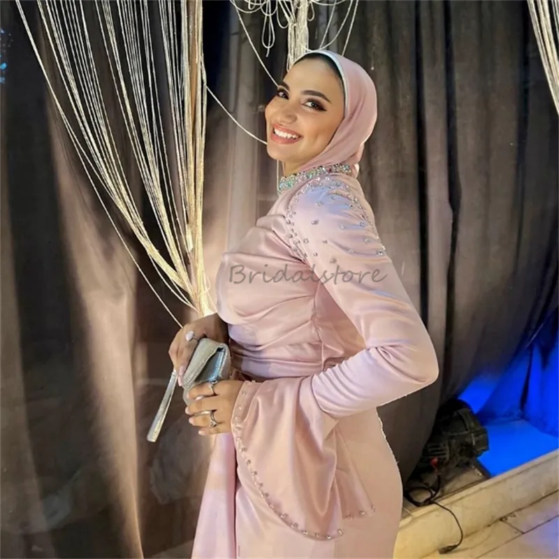 Custom-Made Pink Evening Gowns with Beaded Long Sleeves