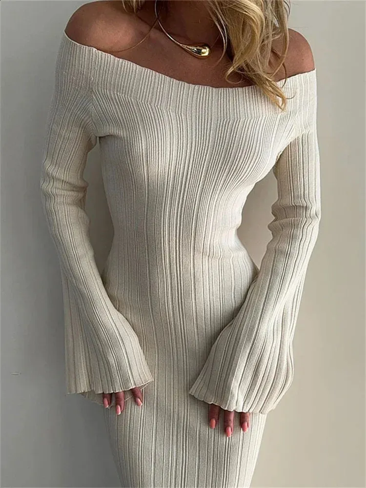 Off-Shoulder Knit White Ribbed Maxi Dress for Women - Slim, Elegant, and High-Waisted with Ribbed Detail and Backless - Loose Fit Knittedwear (Style