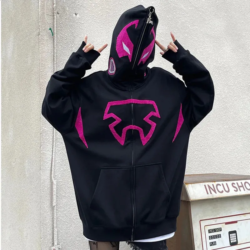 Y2K Gothic Punk Zip Up Hoodie With Pink Graphic – From Hui02