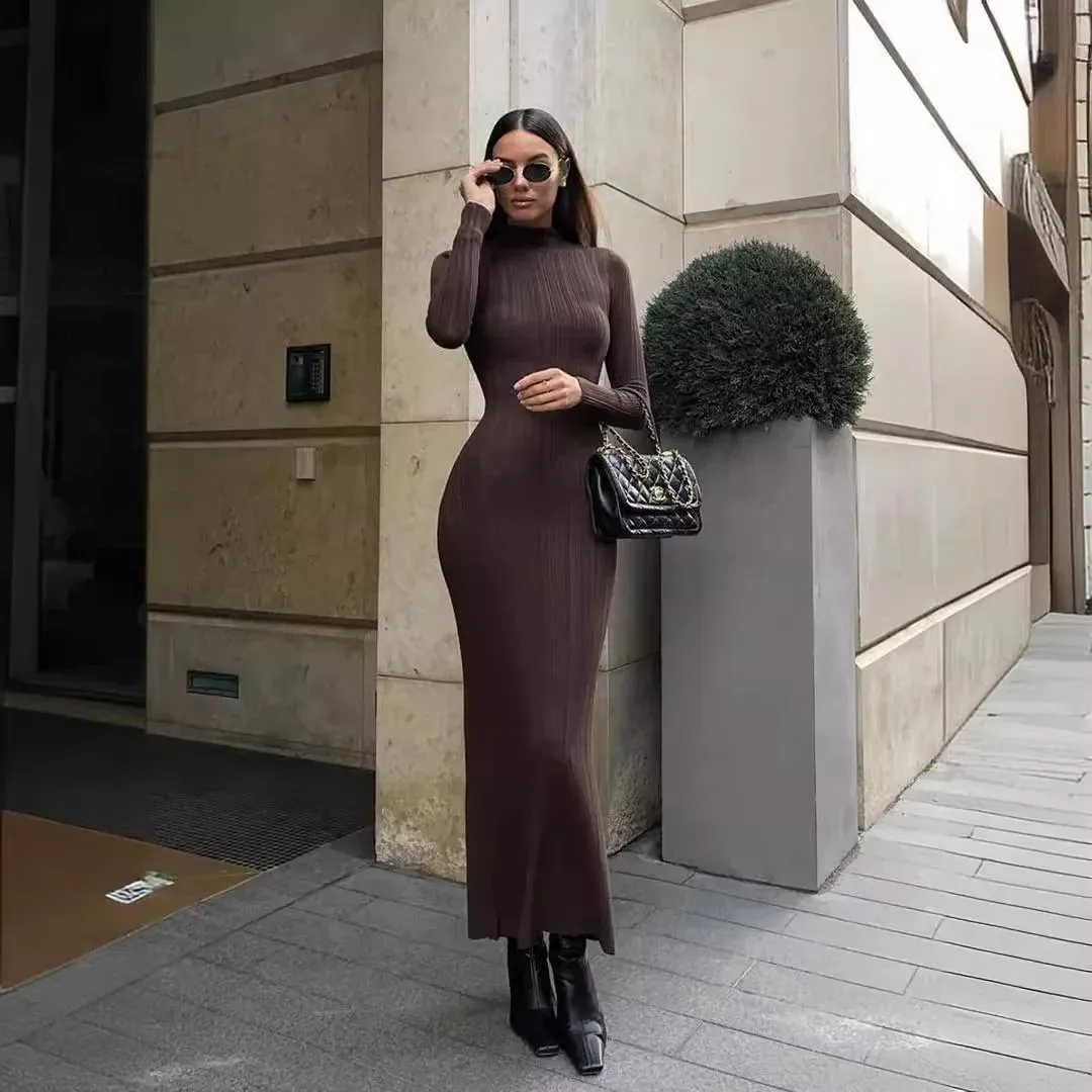 Elegant Striped Knitted Long Ribbed Dress for Women - Long Sleeve, High Neck, Slim Bodycon Fit - Perfect for Parties, Clubs, and Streetwear (Style #